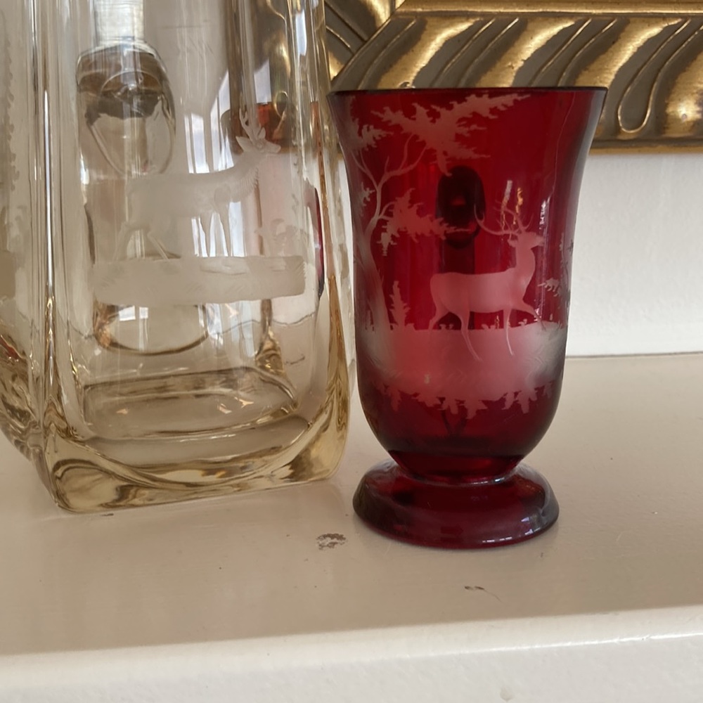 Antique Etched Glass w Stag